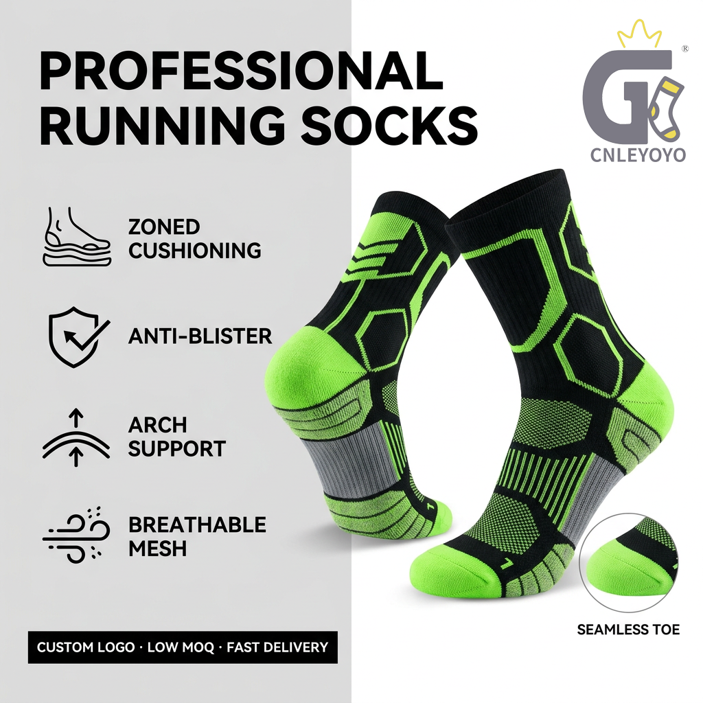 Custom professional performance running crew socks manufactured with sustainable sports socks yarn